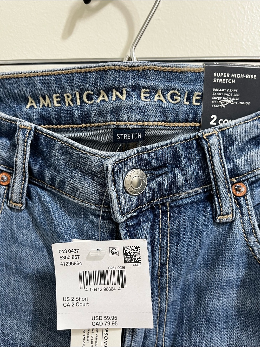 American Eagle High-Rise Dreamy Drape Baggy Wide Leg Jeans Sz 2 Short Indigo NEW